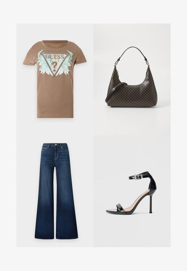 Camiseta marrón de manga corta con un gran logo de triángulo adornado, hojas azul verdosas y texto "GUESS U.S.A" en el frente.; Vaqueros de pierna ancha azul oscuro con una cintura alta, hechos de denim, con un ligero desgaste, bolsillos delanteros y un cierre de botón clásico.; Sandalia de tacón alto en piel sintética negra con correa en el tobillo. Presenta un diseño minimalista, punta abierta y una hebilla con detalles de pedrería.; Bolso de hombro de cuero negro con un patrón geométrico beige repetido, cierre dorado y dos correas ajustables sobre un fondo blanco.
