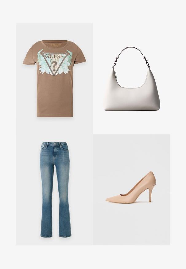 Brun T-shirt med korte ærmer med en stor udsmykket trekantet logo, blågrønne blade og teksten "GUESS U.S.A" på forsiden.; Lys blå denim flared jeans med fem lommer, høj talje og sy detaljer. Stoffet viser en let falmet vask og en glat tekstur.; Beige læder højhælet sko med spids snude, glat tekstur og slank stilet-hæl. Minimalistisk design med slip-on stil.; Cremefarvet skuldertaske i læder fra Calvin Klein med buet topkant, sølvfarvet lynlås og mørkebrun justerbar rem.