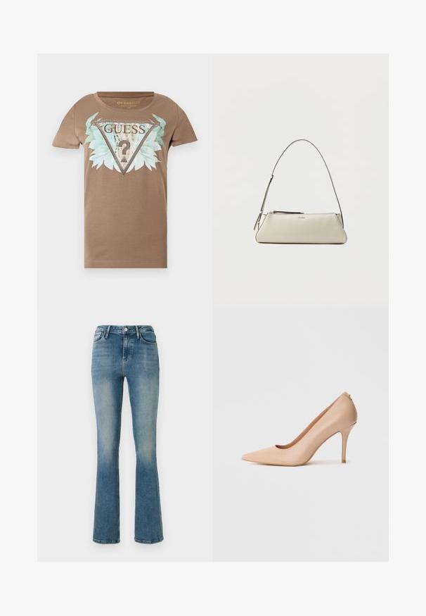 Brun T-shirt med korte ærmer med en stor udsmykket trekantet logo, blågrønne blade og teksten "GUESS U.S.A" på forsiden.; Lys blå denim flared jeans med fem lommer, høj talje og sy detaljer. Stoffet viser en let falmet vask og en glat tekstur.; Beige læder højhælet sko med spids snude, glat tekstur og slank stilet-hæl. Minimalistisk design med slip-on stil.; Lille beige læder skuldertaske med tynd rem og lynlås, mærket med et diskret metal-logo på frontens midte.
