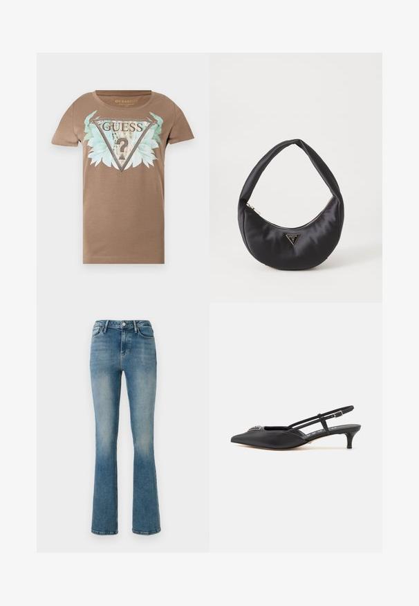 Brun T-shirt med korte ærmer med en stor udsmykket trekantet logo, blågrønne blade og teksten "GUESS U.S.A" på forsiden.; Lys blå denim flared jeans med fem lommer, høj talje og sy detaljer. Stoffet viser en let falmet vask og en glat tekstur.; Sorte slingback-sko med spids tå, lavet af glat materiale, med en lille hæl og en dekorativ sølvaccent på vamps.; Sort satin håndtaske med en buet form, der har en lynlåslukning og et trekantet logo i metal på forsiden. Glat tekstur og slankt design.
