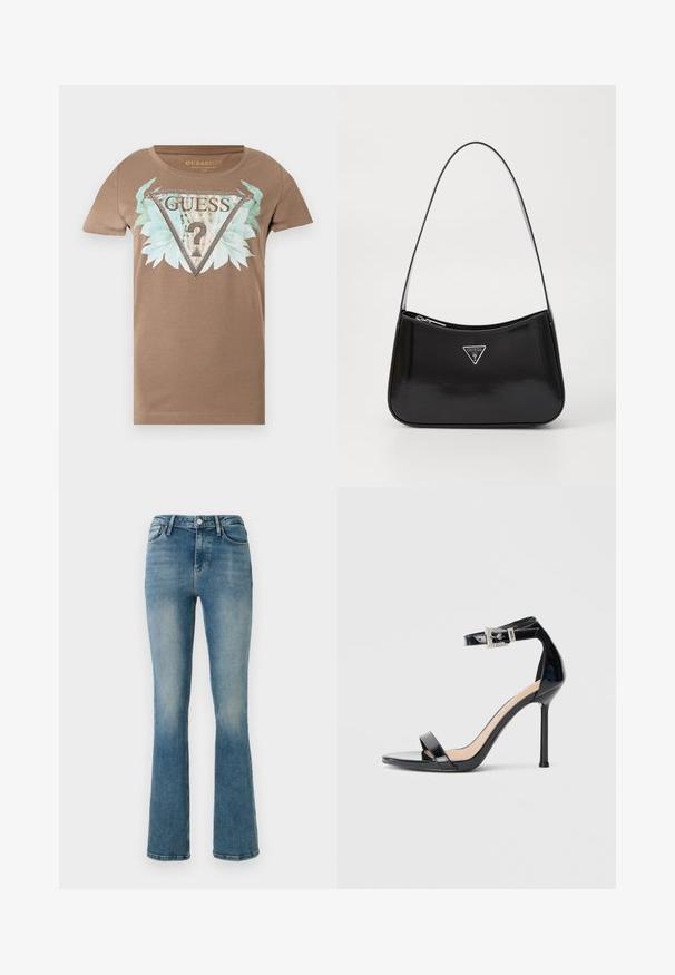 Brun T-shirt med korte ærmer med en stor udsmykket trekantet logo, blågrønne blade og teksten "GUESS U.S.A" på forsiden.; Lys blå denim flared jeans med fem lommer, høj talje og sy detaljer. Stoffet viser en let falmet vask og en glat tekstur.; Sort højhælet sandal i laklæder med ankelrem. Har minimalistisk design, åben tå og spænde med rhinsten-detaljer.; Sort patenteret læder skuldertaske med en buet form, prydet med et sølvfarvet trekantet logo og en lynlås-lukning. Glat tekstur og slank rem.