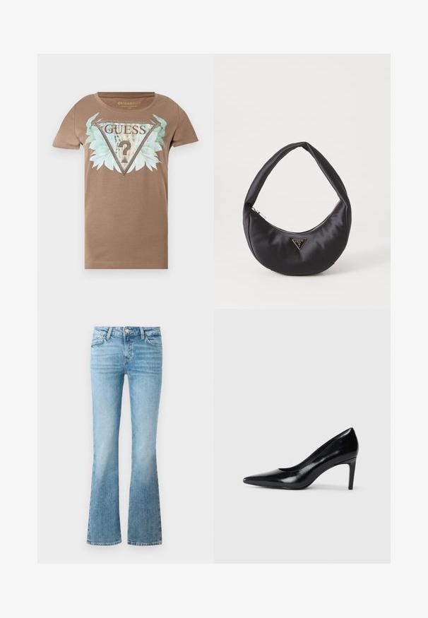 T-shirt marron à manches courtes avec un grand logo triangulaire orné, des feuilles bleu-vert et le texte "GUESS U.S.A" sur le devant.; Jean flare en denim bleu clair avec poches avant, passants de ceinture et fermeture à bouton.; Chaussure à talon haut en cuir noir avec un bout pointu, texture lisse et un talon effilé. Design minimaliste, sans embellissements supplémentaires.; Sac à main en satin noir avec une forme courbée, doté d'une fermeture à glissière et d'un logo triangulaire en métal à l'avant. Texture lisse et design épuré.