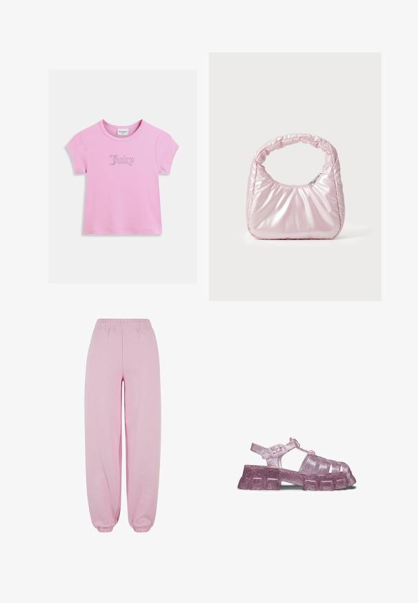 Pink short-sleeve t-shirt made of cotton, featuring a glittery "Juicy" logo in a script font at the center. Smooth texture, round neckline.; Urban Classics Tracksuit bottoms - softpink; Chunky purple glittery sandal with thick sole, open toe cage design, and adjustable ankle strap buckle.; Pink, padded handbag with a rounded design, made from shiny material. Features a gathered handle and a zip closure for secure access.