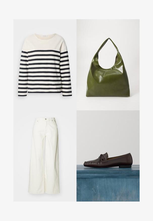 Top à manches longues avec une base crème et des rayures horizontales bleu marine. Présente un col rond et une coupe décontractée. Matière douce en coton.; Jean blancs à jambes larges en denim. Dotés d'une taille haute, d'une fermeture à bouton à l'avant et d'un design classique à cinq poches. Texture lisse, sans motifs.; Mocassins en cuir marron avec un bout arrondi, un détail de nœud et des surpiqûres décoratives le long du devant. Semelle plate en caoutchouc noir.; Sac hobo en cuir vert au design décontracté, avec une poignée incurvée et une texture lisse. Ne contient aucun matériel ou accent visible.