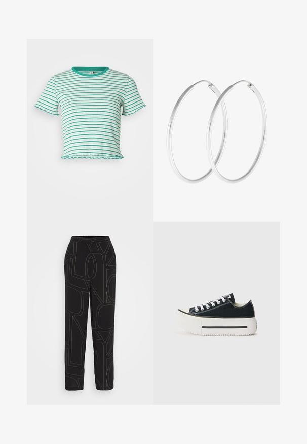 ONLY Petite ONLMETTI BOX - T-shirts print - deep mint/blues; Sorte bukser med en løs pasform, der har hvide kontrasterende former og tekstmønstre, elastisk talje og blød tekstur.; Sorte kanvas sneakers med en hvid gummisål, der har en tyk platform, hvide snørebånd og kontrasterende syninger langs sømmene.; Sølvfarvede hoop øreringe med en glat, rund form og en poleret overflade. Begge øreringe er i samme størrelse og har en sikker lukke mekanisme.
