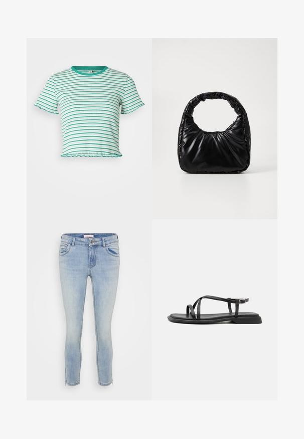 ONLY Petite ONLMETTI BOX - Μπλουζάκι με στάμπα - deep mint/blues; ONLY Petite ONLKENDELL - Jeans Skinny Fit - light medium blue denim; Μαύρα επίπεδα σανδάλια με λεπτές ρυθμιζόμενες straps, ορθογώνια σόλα και ματ υφή. Διαθέτουν χαμηλό, ελαφρώς τετραγωνισμένο τακούνι.; Μαύρη μαλακή τσάντα με στρογγυλή λαβή, με γυαλιστερή επιφάνεια και μαλακή, γεμάτη υφή. Χωρίς ορατά μεταλλικά στοιχεία ή διακοσμητικά.
