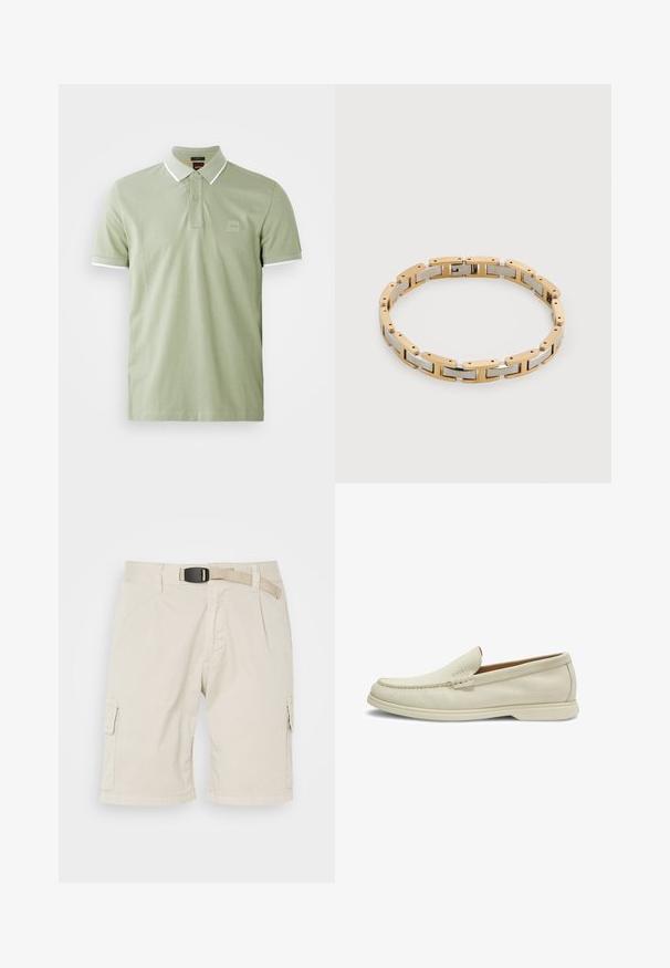 Hellgrünes Polohemd aus Baumwolle, mit klassischem Kragen, Knopfleiste mit zwei Knöpfen und weißen Akzenten am Kragen und den Ärmeln. Quadratförmiges Logo auf der Brust.; Beige Cargo-Shorts mit flachem Bund, Gürtelschlaufen, Falten, Seitentaschen und einem strukturierten Stoff. Die Länge reicht bis zur Mitte des Oberschenkels.; Beiger Wildleder-Slipper mit genähter Mokassinnaht, flacher Gummisohle und dezent geprägt "BOSS"-Logo auf der Oberseite.; Zweifarbiges Metallarmband mit abwechselnd goldfarbenen und silbernen rechteckigen Gliedern, die eine durchgehende Kette bilden.