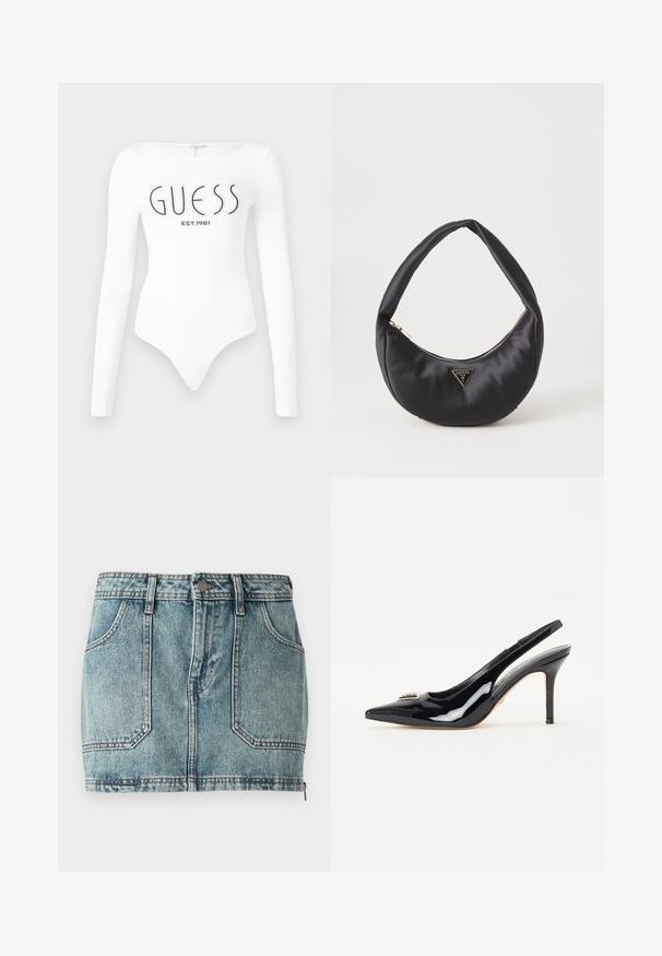 Bodysuit blanco de manga larga con escote redondo. Presenta el logo "GUESS" y "EST.1981" impresos en negro en la parte frontal. Textura suave.; Falda mini de mezclilla en azul claro con diseño de cinco bolsillos, pasadores para cinturón, cierre de botón metálico y costuras en contraste.; Zapatos de tacón slingback de charol negro con punta afilada, tacón de stiletto delgado y adornos decorativos en la parte delantera.; Bolso de satén negro con forma curva, que cuenta con un cierre de cremallera y un logo triangular en metal en la parte delantera. Textura suave y diseño elegante.