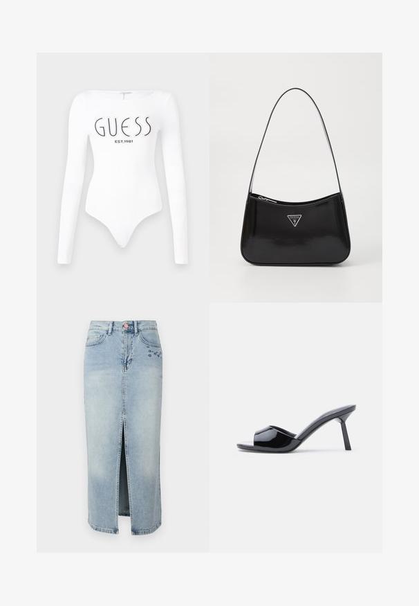 Weißer Langarm-Bodysuit mit Rundhalsausschnitt. Auf der Vorderseite mit "GUESS"-Logo und "EST.1981" in Schwarz bedruckt. Glatte Textur.; Fabienne Chapot CARLYNE SKIRT - Jeansrock - light blue tinted; Schwarze Sandalen mit Absatz aus Lackleder, offenem Zehenbereich, mit geschwungenem Obermaterial und spitz zulaufendem Stilettoabsatz. Glatte, glänzende Oberfläche.; Schwarze patentierte Leder-Schultertasche mit geschwungener Form, ausgestattet mit einem silbernen Dreieckslogo und einem Reißverschluss. Glatte Textur und schmaler Riemen.