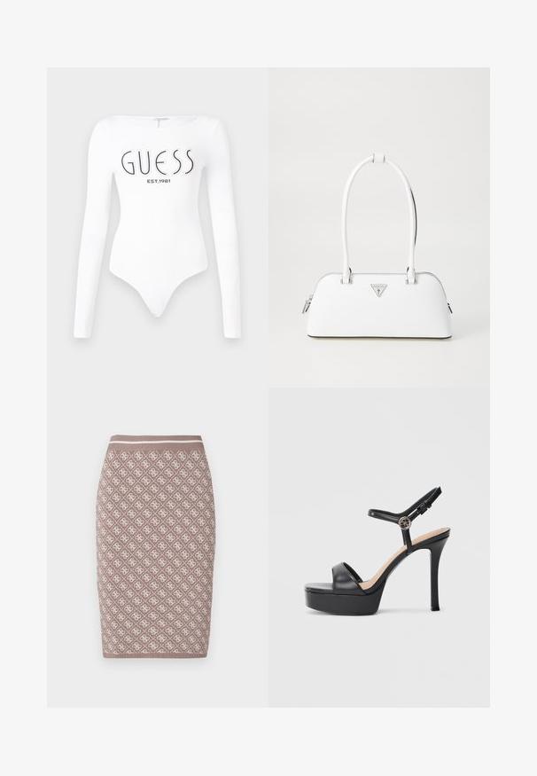 Witte lange mouw bodysuit met een ronde hals. Voorzien van het 'GUESS' logo en 'EST.1981' in het zwart gedrukt op de voorkant. Soepele textuur.; Brede gebreide kokerrok in lichtbruin met een patroonontwerp in crème, voorzien van een geribbelde tailleband met een contrasterende lijn. Glad textuur.; Zwarte platformsandalen met een hoge naaldhak, voorzien van een glad leren bovenkant, een peep-toe ontwerp en een verstelbare enkelriem met beslag.; Witte leren handtas met een gebogen vorm, voorzien van een zilveren driehoekig logo en ritssluiting. Gladde textuur en dubbele handvaten.