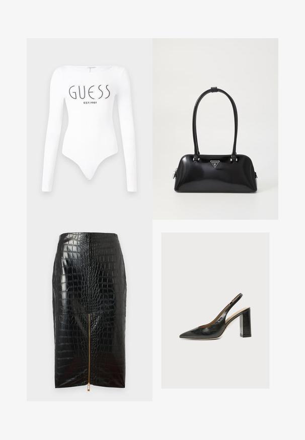 Weißer Langarm-Bodysuit mit Rundhalsausschnitt. Auf der Vorderseite mit "GUESS"-Logo und "EST.1981" in Schwarz bedruckt. Glatte Textur.; Schwarzer Bleistiftrock aus Kunstleder mit Krokodilstruktur, ausgestattet mit einem zentralen goldenen Reißverschluss und glatter Oberflächenbeschaffenheit.; Schwarzer Leder-Damenslingback-Schuh mit spitzer Zehenpartie und dickem hohem Blockabsatz vor weißem Hintergrund.; Schwarz glänzende Handtasche mit geschwungener Silhouette, zwei Griffen und einem Logo-Plakette auf der Vorderseite. Reißverschlussverschluss und glänzende Hardwareakzente.