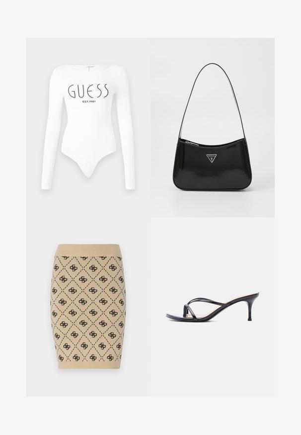 Hvid langærmet bodystocking med rund halsudskæring. Har "GUESS" logo og "EST.1981" trykt i sort på forsiden. Glat tekstur.; Strikket beige blyantskørt med et diamantmønster og gentagne sorte logoakcenter, med en ribbet talje for ekstra tekstur.; Sort laklædersandal med hæl, tynde krydsede remme og en slank mellemhøj stilethæl på en hvid baggrund.; Sort patenteret læder skuldertaske med en buet form, prydet med et sølvfarvet trekantet logo og en lynlås-lukning. Glat tekstur og slank rem.