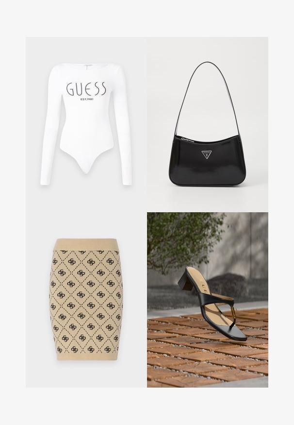 Bodysuit blanco de manga larga con escote redondo. Presenta el logo "GUESS" y "EST.1981" impresos en negro en la parte frontal. Textura suave.; Falda lápiz de punto en color beige con un patrón de diamantes y acentos de logotipo negro en repetición, con una cintura acanalada que añade textura.; Sandalia negra de tacón con lazo para el dedo y acento dorado, colocada sobre una superficie pavimentada de madera y piedra al aire libre cerca de vegetación.; Bolso de hombro de charol negro con forma curva, que presenta un logotipo triangular plateado y un cierre de cremallera. Textura suave y correa delgada.