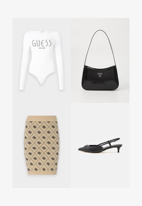 Bodysuit blanco de manga larga con escote redondo. Presenta el logo "GUESS" y "EST.1981" impresos en negro en la parte frontal. Textura suave.; Falda lápiz de punto en color beige con un patrón de diamantes y acentos de logotipo negro en repetición, con una cintura acanalada que añade textura.; Zapatos slingback negros con punta afilada, hechos de material suave, con un pequeño tacón y un acento decorativo plateado en el empeine.; Bolso de hombro de charol negro con forma curva, que presenta un logotipo triangular plateado y un cierre de cremallera. Textura suave y correa delgada.