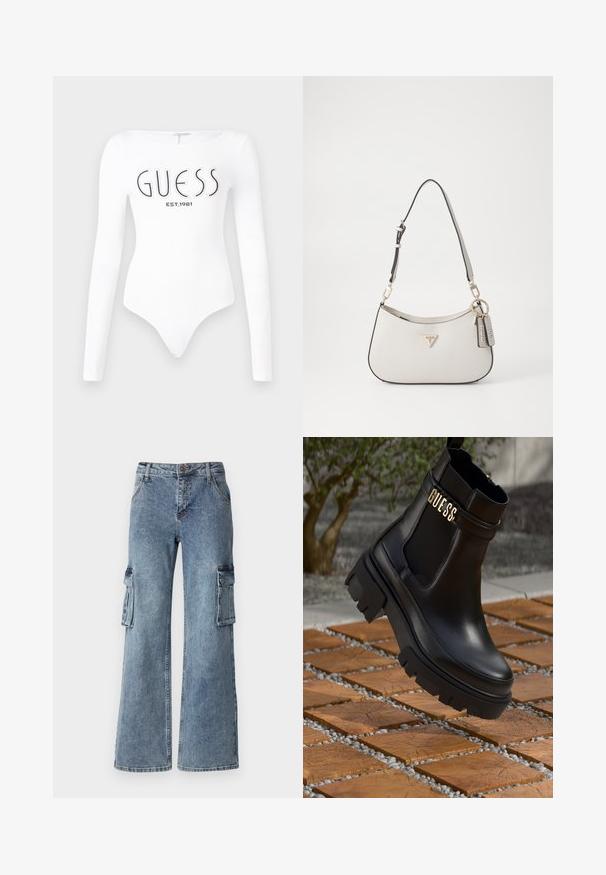 Witte lange mouw bodysuit met een ronde hals. Voorzien van het 'GUESS' logo en 'EST.1981' in het zwart gedrukt op de voorkant. Soepele textuur.; Brede blauwe denim cargo broeken met zijzakken, een knoopsluiting en riemlussen. De stof heeft een lichte wassing met subtiele vervaging.; Zwarte leren enkelboot met een chunky rubberen zool, elastische zijpanelen en een gouden accent met "GUESS" branding.; Witte handtas met textuur en een gebogen vorm, gouden hardware, een afneembare schouderriem en een logoaccent. Inclusief een sleutelhanger met merknaam.