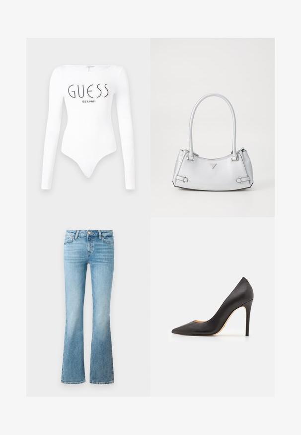 Witte lange mouw bodysuit met een ronde hals. Voorzien van het 'GUESS' logo en 'EST.1981' in het zwart gedrukt op de voorkant. Soepele textuur.; Lichtblauwe denim flare jeans met voorzakken, riemlussen en een knoopsluiting.; Zwarte leren pump met hoge hak, een puntige neus, gladde textuur en een slanke naaldhak. Minimalistisch ontwerp, zonder zichtbare hardware.; Zilveren handtas met een gestructureerd ontwerp, voorzien van twee handvatten, een glanzende textuur, opvallende hardware en een driehoekig logo aan de voorkant.