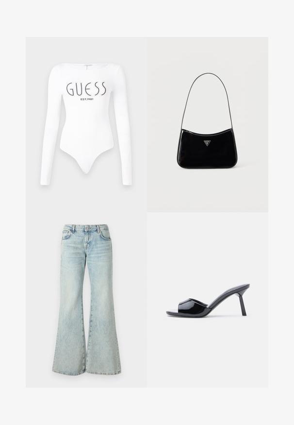 Weißer Langarm-Bodysuit mit Rundhalsausschnitt. Auf der Vorderseite mit "GUESS"-Logo und "EST.1981" in Schwarz bedruckt. Glatte Textur.; Hellblaue Schlagjeans aus Denim, mit hoher Taille, Taschen und ausgefransten Säumen. Der Stoff hat eine verblasste Waschung und eine subtile Textur.; Schwarze Sandalen mit Absatz aus Lackleder, offenem Zehenbereich, mit geschwungenem Obermaterial und spitz zulaufendem Stilettoabsatz. Glatte, glänzende Oberfläche.; Schwarze Schultertasche aus Lackleder mit schmalem Riemen, dreieckigem Guess-Logo vorne und einem Reißverschluss oben.