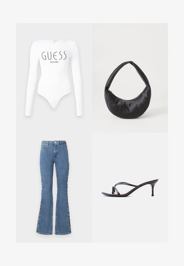 Biely dlhý rukáv body s okrúhlym výstrihom. Na prednej strane sa nachádza čierne logo "GUESS" a nápis "EST.1981". Hladká textúra.; Vysokozúbkové, rozšírené modré jeansy vyrobené z denimu s dekoratívnym šnurovaním po stranách a klasickým dizajnom s piatimi vreckami.; Čierna sandála na podpätku z lakovanej kože s tenkými prekríženými remienkami a úzkym stredne vysokým ihličkovým podpätkom na bielom pozadí.; Čierna saténová kabelka s zakriveným tvarom, so zipsovým uzáverom a trojuholníkovým kovovým logom na prednej strane. Hladká textura a elegantný dizajn.