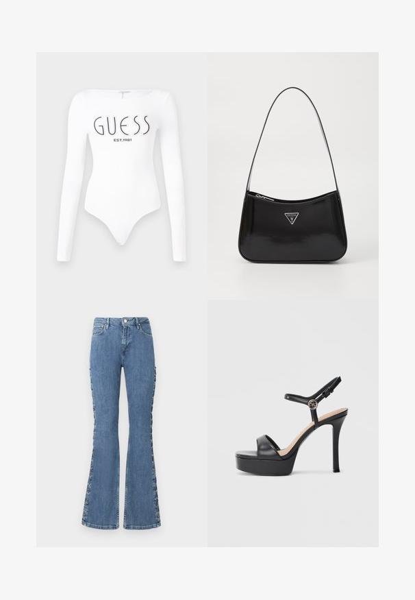 Body à manches longues blanc avec un col rond. Présente le logo "GUESS" et "EST.1981" imprimés en noir sur le devant. Texture lisse.; Jean bleu taille haute, évasés, en denim avec un détail de laçage décoratif sur les côtés et un design classique à cinq poches.; Sandales à plateforme noires avec un talon haut stilettos, dotées d'une tige en cuir lisse, d'un bout ouvert et d'une bride de cheville ajustable avec ferrures.; Sac à épaule en cuir verni noir avec une forme incurvée, présentant un logo triangle en argent et une fermeture éclair. Texture lisse et bandoulière fine.