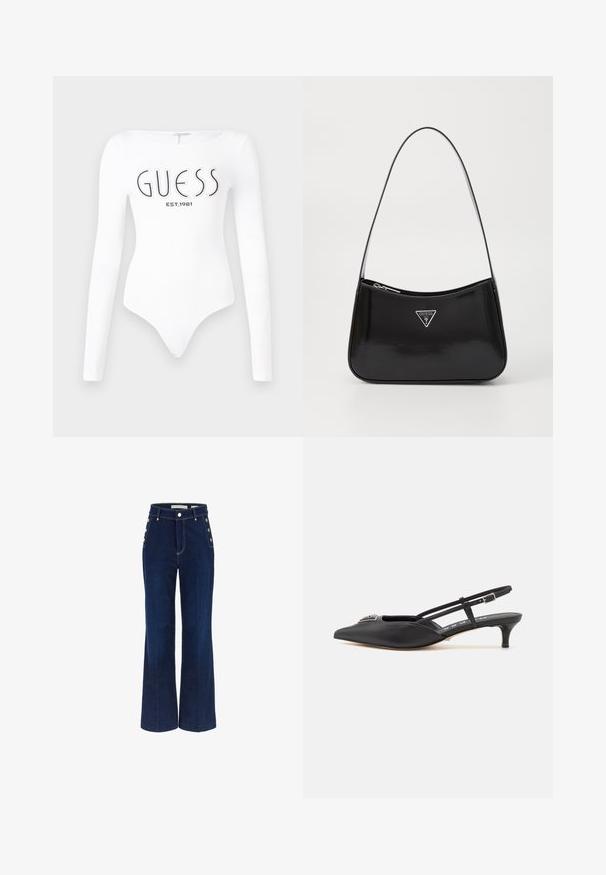 Hvid langærmet bodystocking med rund halsudskæring. Har "GUESS" logo og "EST.1981" trykt i sort på forsiden. Glat tekstur.; Mørkeblå bredbenede jeans med høj talje, der har knapdetaljer på siderne og en glat denimtekstur.; Sorte slingback-sko med spids tå, lavet af glat materiale, med en lille hæl og en dekorativ sølvaccent på vamps.; Sort patenteret læder skuldertaske med en buet form, prydet med et sølvfarvet trekantet logo og en lynlås-lukning. Glat tekstur og slank rem.