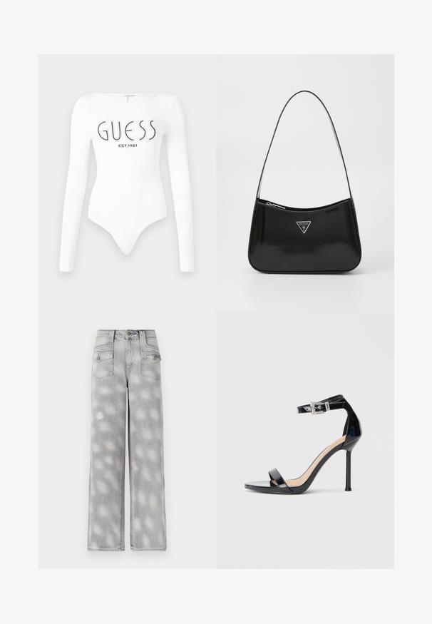 Hvid langærmet bodystocking med rund halsudskæring. Har "GUESS" logo og "EST.1981" trykt i sort på forsiden. Glat tekstur.; Lys grå denim brede bukser med høj talje, fire lommer og et falmet mønster for en afslappet pasform.; Sort højhælet sandal i laklæder med ankelrem. Har minimalistisk design, åben tå og spænde med rhinsten-detaljer.; Sort patenteret læder skuldertaske med en buet form, prydet med et sølvfarvet trekantet logo og en lynlås-lukning. Glat tekstur og slank rem.