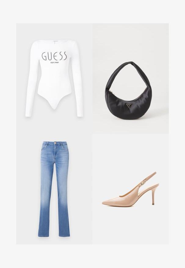 Bodysuit blanco de manga larga con escote redondo. Presenta el logo "GUESS" y "EST.1981" impresos en negro en la parte frontal. Textura suave.; Jeans de denim azul claro con forma acampanada, diseño de cinco bolsillos y cierre frontal de botón. Desgastados en el dobladillo para un efecto degradado.; Zapato slingback de tacón alto de piel patentada beige con punta puntiaguda y pequeño detalle de hebilla dorada en la correa.; Bolso de satén negro con forma curva, que cuenta con un cierre de cremallera y un logo triangular en metal en la parte delantera. Textura suave y diseño elegante.