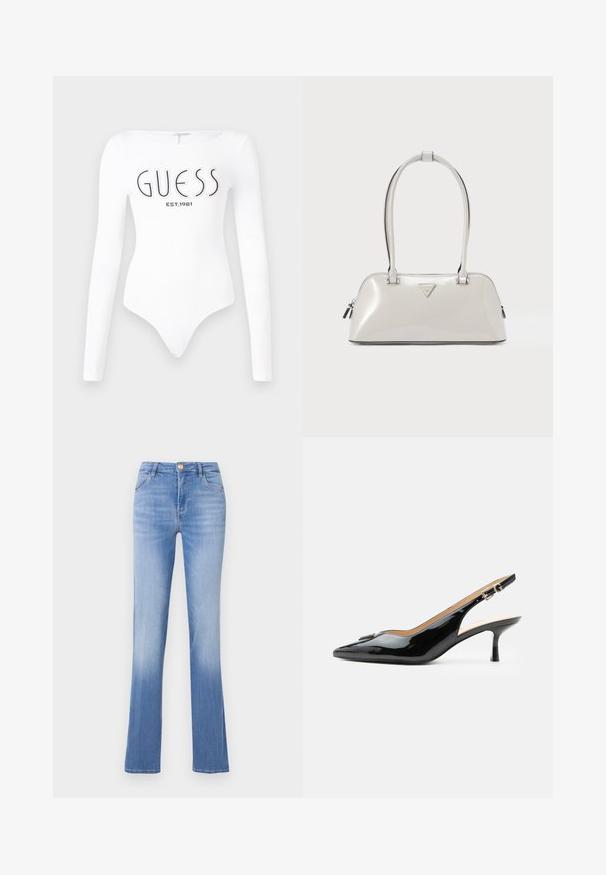 Witte lange mouw bodysuit met een ronde hals. Voorzien van het 'GUESS' logo en 'EST.1981' in het zwart gedrukt op de voorkant. Soepele textuur.; Lichtblauwe denim jeans met een flared vorm, vijf zakken en een voor sluiting met knoop. Vervaagd aan de onderkant voor een gradiënt effect.; Zwarte lakleren slingback hak met spitse neus, kleine kittenhak en zilveren gespsluiting op een effen witte achtergrond.; Glanzende lichtgrijze handtas met een afgeronde vorm, dubbele handvatten en een driehoekig logo. Voorzien van een ritssluiting en metalen accenten.