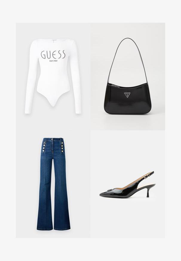 Hvid langærmet bodystocking med rund halsudskæring. Har "GUESS" logo og "EST.1981" trykt i sort på forsiden. Glat tekstur.; Højtsiddende flagrende jeans i mørkeblå denim, med guldfarvede knapdetaljer på siderne og en glat tekstur.; Sort patentlæder slingback hæl med spids tå, lille kitten hæl og sølvspænde på en ensartet hvid baggrund.; Sort patenteret læder skuldertaske med en buet form, prydet med et sølvfarvet trekantet logo og en lynlås-lukning. Glat tekstur og slank rem.