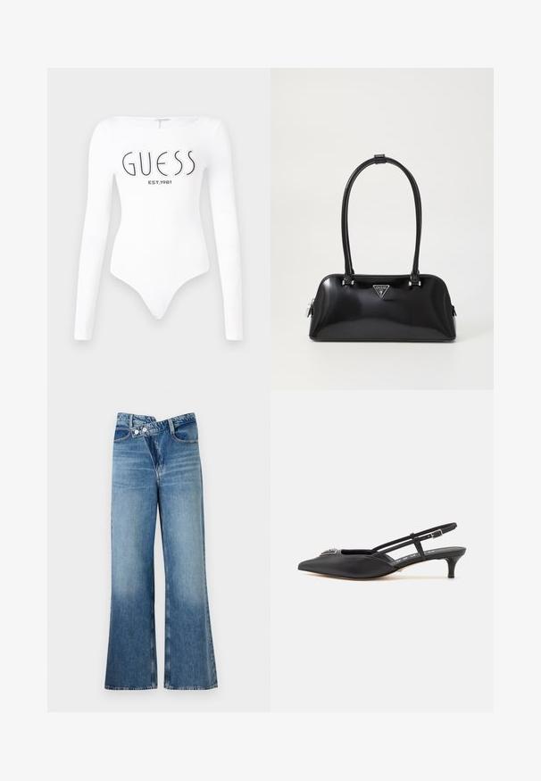 Hvid langærmet bodystocking med rund halsudskæring. Har "GUESS" logo og "EST.1981" trykt i sort på forsiden. Glat tekstur.; Lysblå denim flared jeans med høj talje, der har to knapper og forlommer. Stoffet har en falmet struktur med subtile variationer.; Sorte slingback-sko med spids tå, lavet af glat materiale, med en lille hæl og en dekorativ sølvaccent på vamps.; Sort glanshandtaske med en buet silhuet, to håndtag og en frontlogo-plakette. Lynlås lukning og skinnende hardware-detaljer.