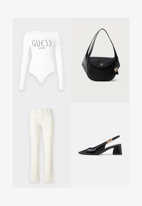 Hvid langærmet bodystocking med rund halsudskæring. Har "GUESS" logo og "EST.1981" trykt i sort på forsiden. Glat tekstur.; Hvide denim flared jeans med et klassisk fem-lomme design, der har en frontknaplukning og kontrastsyninger. Glat tekstur og mellemhøj pasform.; Sorte patentlæder slingback pumps med spidse tæer og guldfarvet hardware på remmen, med en blokhælhøjder. Glat tekstur.; Sort læder skuldertaske med buet klap, gyldent "G GUESS" logo, dobbelte stropper og hængende nøglering vedhæng på ensfarvet baggrund.