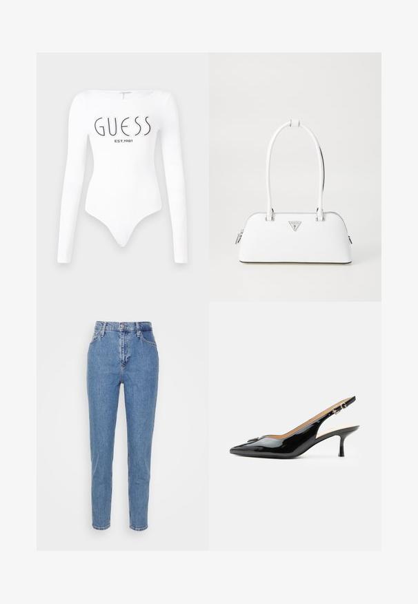 Bodysuit blanco de manga larga con escote redondo. Presenta el logo "GUESS" y "EST.1981" impresos en negro en la parte frontal. Textura suave.; Jeans de tiro alto rectos de color azul con botón frontal y cremallera, trabillas para cinturón y bolsillos, exhibidos sobre un fondo blanco liso.; Tacón slingback de charol negro con puntera puntiaguda, tacón pequeño tipo kitten y correa con hebilla plateada sobre un fondo blanco liso.; Bolso de cuero blanco con forma curva, que presenta un logo triangular plateado y cierre de cremallera. Textura lisa y dos asas.