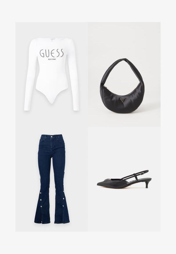 Biely dlhý rukáv body s okrúhlym výstrihom. Na prednej strane sa nachádza čierne logo "GUESS" a nápis "EST.1981". Hladká textúra.; Tmavomodré rozšírené nohavice s vysokým pásom. Majú zapínanie na gombík, bočné vrecká a dekoratívne gombíky pozdĺž vonkajších švov.; Čierne slingback topánky s ostrou špičkou, vyrobené z hladkého materiálu, so malým podpätkom a dekoratívnym strieborným akcentom na priehlavku.; Čierna saténová kabelka s zakriveným tvarom, so zipsovým uzáverom a trojuholníkovým kovovým logom na prednej strane. Hladká textura a elegantný dizajn.