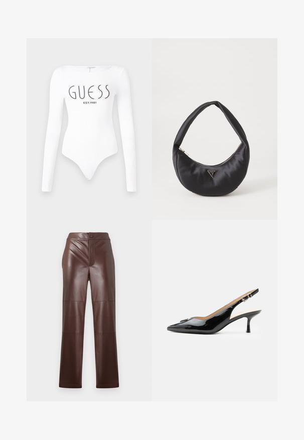 Hvid langærmet bodystocking med rund halsudskæring. Har "GUESS" logo og "EST.1981" trykt i sort på forsiden. Glat tekstur.; Brune faux læderbukser med lige snit og glat tekstur. Har en frontlynlås og knaplukning, suppleret med tonal syning.; Sort patentlæder slingback hæl med spids tå, lille kitten hæl og sølvspænde på en ensartet hvid baggrund.; Sort satin håndtaske med en buet form, der har en lynlåslukning og et trekantet logo i metal på forsiden. Glat tekstur og slankt design.