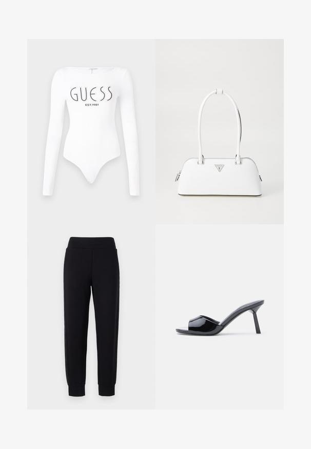Hvid langærmet bodystocking med rund halsudskæring. Har "GUESS" logo og "EST.1981" trykt i sort på forsiden. Glat tekstur.; Sorte sweatpants med tætsiddende ben, der har en bred elastisk talje og strukturerede sidelapper. Lavet af et blødt, strækbart materiale.; Sorte laklæder sandaletter med åben tå, der har et buet overdesign og en spids stilethæl. Glat, blank finish.; Hvid lædertaske med en buet form, der har et sølvtrapezlogo og lynlåslukning. Glat tekstur og dobbelthåndtag.