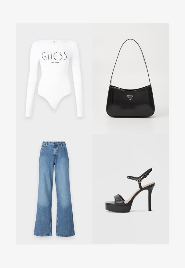 Witte lange mouw bodysuit met een ronde hals. Voorzien van het 'GUESS' logo en 'EST.1981' in het zwart gedrukt op de voorkant. Soepele textuur.; Hoge taille wijde spijkerjeans in blauw met voorzakken, riemlussen en een knoop- en ritssluiting.; Zwarte platformsandalen met een hoge naaldhak, voorzien van een glad leren bovenkant, een peep-toe ontwerp en een verstelbare enkelriem met beslag.; Zwarte lakleren schoudertas met een gebogen vorm, voorzien van een zilveren driehoeklogo en een ritssluiting. Gladde textuur en slanke schouderband.