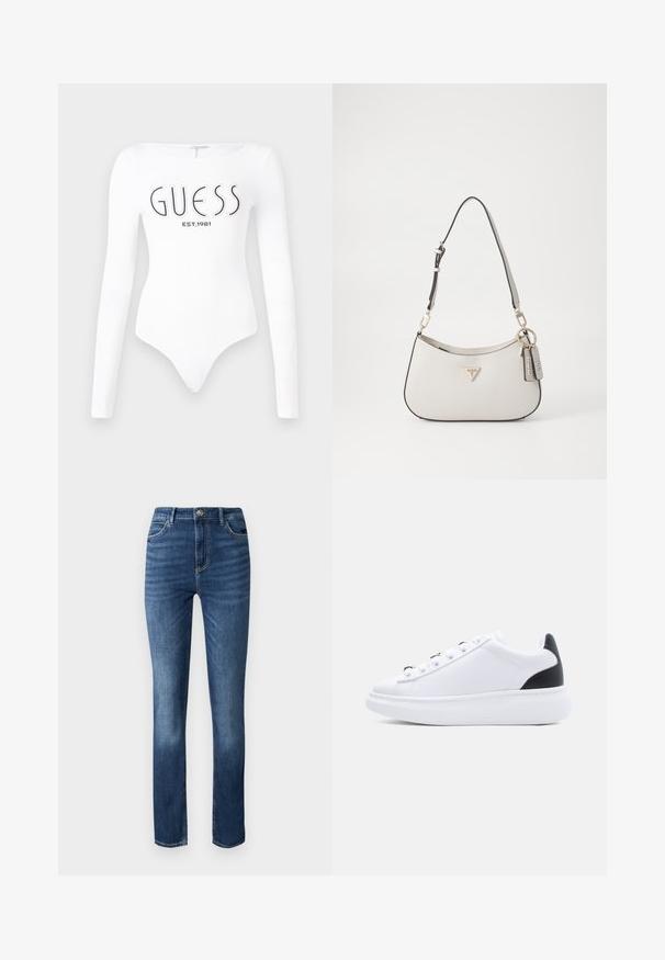 Valge pika varrukaga bodi ümarate kraega. Ees on musta värviga prinditud "GUESS" logo ja "EST.1981". Sile tekstuur.; Tumed sinine denim teksapükste sirge jalaga disain, viie tasku stiil ja peened hõõrdumised ees, et lisada tekstuuri.; Valge madala lõikega tennisking musta kannapealse detaili, paksu valge tallaga ja valgete paeltega hõbedaste silmustega, näidatud välisküljelt.; Valge tekstuuriga käekott, millel on kõver kuju, kuldne tarnimine, eemaldatav rihm ja logo aktsent. Sisaldab võtmehoidjat brändinguga.