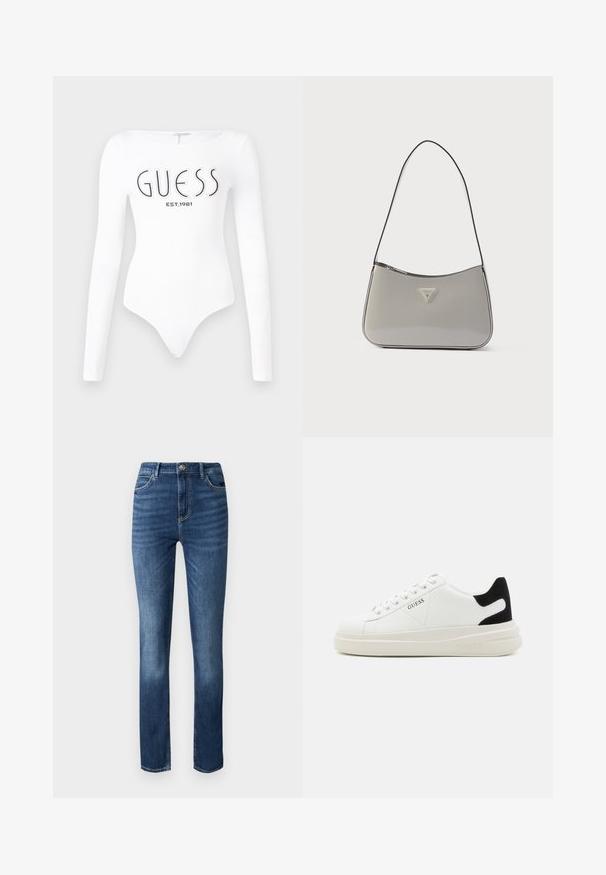 Biely dlhý rukáv body s okrúhlym výstrihom. Na prednej strane sa nachádza čierne logo "GUESS" a nápis "EST.1981". Hladká textúra.; Tmavomodré riflové nohavice s rovnými nohavicami, päť vreckami a jemným šuchaním vpredu pre zvýšenie textúry.; Biele kožené tenisky s hrubou bielou podrážkou, čiernym zamekom na päte a vyrazeným logom na boku. Šnurovací dizajn so šiestimi očkami.; Šedá kabelka cez rameno z lakovanej kože s oblým dizajnom, čiernym lemovaním a striebornou plakietou s logom na prednej strane. Nastaviteľný popruh pre univerzálne nosenie.