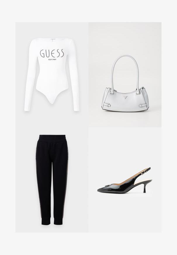Witte lange mouw bodysuit met een ronde hals. Voorzien van het 'GUESS' logo en 'EST.1981' in het zwart gedrukt op de voorkant. Soepele textuur.; Zwarte joggingbroek met een elastische tailleband, taps toelopende benen en zijnaad met een metallic accent. Gladde stof met een zachte textuur.; Zwarte lakleren slingback hak met spitse neus, kleine kittenhak en zilveren gespsluiting op een effen witte achtergrond.; Zilveren handtas met een gestructureerd ontwerp, voorzien van twee handvatten, een glanzende textuur, opvallende hardware en een driehoekig logo aan de voorkant.