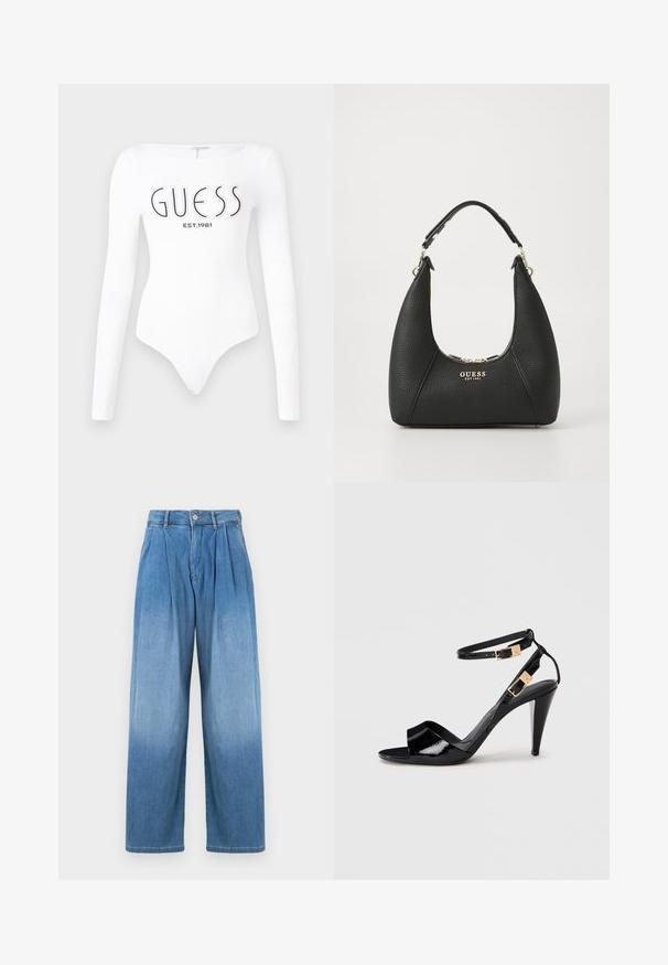 Hvid langærmet bodystocking med rund halsudskæring. Har "GUESS" logo og "EST.1981" trykt i sort på forsiden. Glat tekstur.; Lyseblå denimbukser med høj talje, afslappet vid pasform og frontfolder. Har knap- og lynlåslukning.; Sorte patentlæder højhælede sandaler med dobbelte ankelremme og guldspænder, åben tå og slank taperet hæl på neutral baggrund.; Sort læderhåndtaske med en pebberet tekstur, en buet form og hardware i guldfarve. Forsiden har et "GUESS" logo og lynlås lukning.