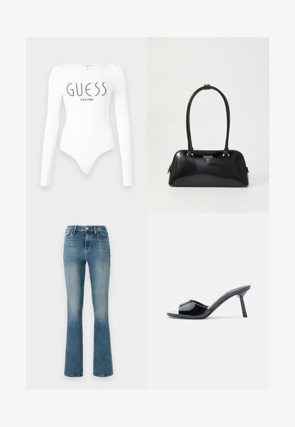 Hvid langærmet bodystocking med rund halsudskæring. Har "GUESS" logo og "EST.1981" trykt i sort på forsiden. Glat tekstur.; Lys blå denim flared jeans med fem lommer, høj talje og sy detaljer. Stoffet viser en let falmet vask og en glat tekstur.; Sorte laklæder sandaletter med åben tå, der har et buet overdesign og en spids stilethæl. Glat, blank finish.; Sort glanshandtaske med en buet silhuet, to håndtag og en frontlogo-plakette. Lynlås lukning og skinnende hardware-detaljer.