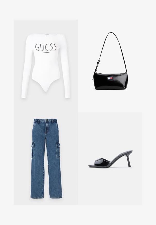 Hvid langærmet bodystocking med rund halsudskæring. Har "GUESS" logo og "EST.1981" trykt i sort på forsiden. Glat tekstur.; Blå denim cargo bukser med en afslappet pasform, der har to sidelommer, forstærket syning og et lige ben-design.; Sorte laklæder sandaletter med åben tå, der har et buet overdesign og en spids stilethæl. Glat, blank finish.; Sort patenteret læder skuldertaske med en buet rem, lynlåslukning og et rektangulært logo patch i rød, hvid og blå.