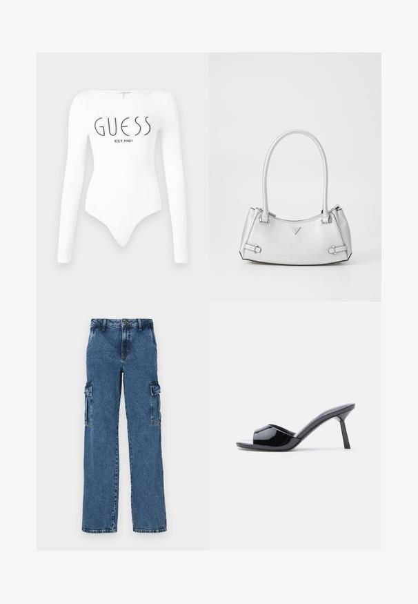 Valkoinen pitkähiha bodysuit, jossa on pyöreä pääntie. Edessä mustalla painettuna "GUESS" -logo ja "EST.1981". Sujuva rakenne.; Siniset farkkukankaiset cargo-housut rentoa istuvuutta, joissa on kaksi sivutaskua, vahvistetut saumat ja suora lahje.; Musta kiiltävä patenttinahasta valmistettu avokärkinen korkokenkä, jossa on käyrä yläosa ja kapeneva piikkikorko. Sileä kiiltävä pinta.; Hopea käsilaukku, jossa on jäsennelty muotoilu, kahdella kahvalla, kiiltävä pinta, korostuselementtejä ja kolmion muotoinen logo edessä.