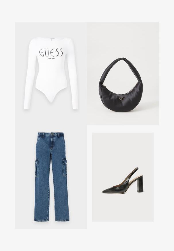 Weißer Langarm-Bodysuit mit Rundhalsausschnitt. Auf der Vorderseite mit "GUESS"-Logo und "EST.1981" in Schwarz bedruckt. Glatte Textur.; Blaue Denim-Cargohosen mit lockerer Passform, ausgestattet mit zwei Seitentaschen, verstärkten Nähten und einem geraden Bein-Design.; Schwarzer Leder-Damenslingback-Pumps mit spitzer Zehenpartie und dickem hohem Blockabsatz auf weißem Hintergrund.; Schwarze Satin-Handtasche mit geschwungener Form, ausgestattet mit einem Reißverschluss und einem dreieckigen Metallsymbol auf der Vorderseite. Glatte Textur und elegantes Design.
