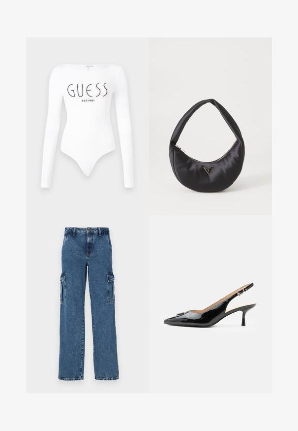 Biely dlhý rukáv body s okrúhlym výstrihom. Na prednej strane sa nachádza čierne logo "GUESS" a nápis "EST.1981". Hladká textúra.; Modré denimové cargo nohavice s voľným strihom, ktoré majú dve bočné vrecká, zosilnené švy a rovný strih nohavíc.; Čierny lakovaný slingback s špicatou špičkou, nízkym kitten opätkom a striebornou prackou na čistom bielom pozadí.; Čierna saténová kabelka s zakriveným tvarom, so zipsovým uzáverom a trojuholníkovým kovovým logom na prednej strane. Hladká textura a elegantný dizajn.