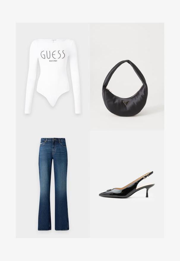 Biely dlhý rukáv body s okrúhlym výstrihom. Na prednej strane sa nachádza čierne logo "GUESS" a nápis "EST.1981". Hladká textúra.; Rozšírené džínsy v stredne modrom odtieni, s klasickým dizajnom piatich vreciek, zapínaním na gombík a mierne vyblednutou textúrou.; Čierny lakovaný slingback s špicatou špičkou, nízkym kitten opätkom a striebornou prackou na čistom bielom pozadí.; Čierna saténová kabelka s zakriveným tvarom, so zipsovým uzáverom a trojuholníkovým kovovým logom na prednej strane. Hladká textura a elegantný dizajn.