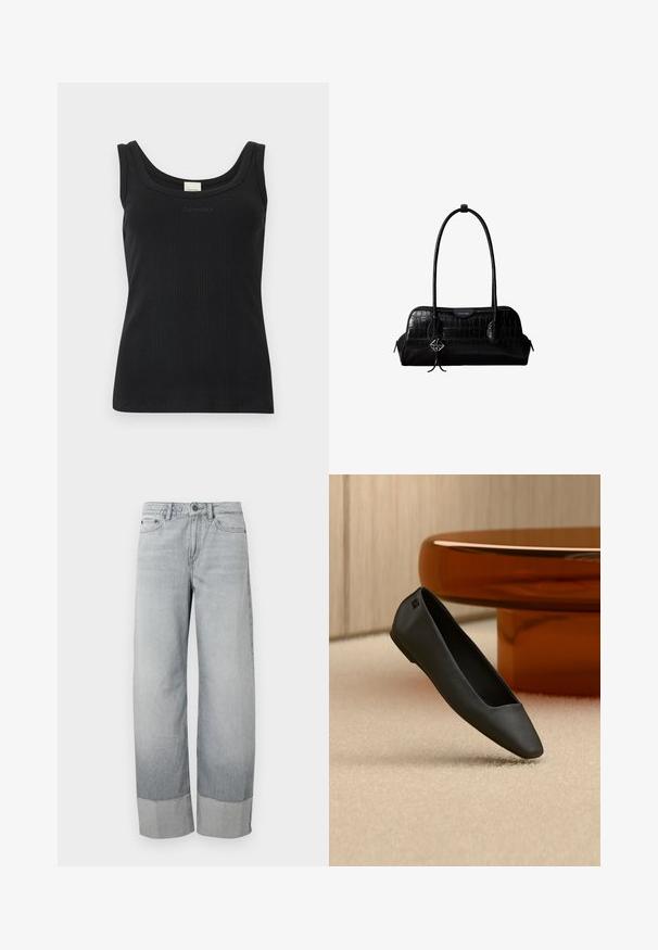 Débardeur noir côtelé sans manches avec encolure dégagée et logo "Calvin Klein" sur la poitrine, présenté sur un fond blanc uni.; Jean en denim gris clair à coupe large, avec un revers doublement retourné et un léger effet délavé. Fermeture devant standard avec bouton et fermeture éclair.; Chaussure plate noire à bout pointu reposant sur un tapis beige près d'une table ronde de couleur ambre dans un décor minimaliste.; Sac à épaule en cuir noir à texture crocodile, avec de longues sangles et un petit charm logo argenté sur une sangle.