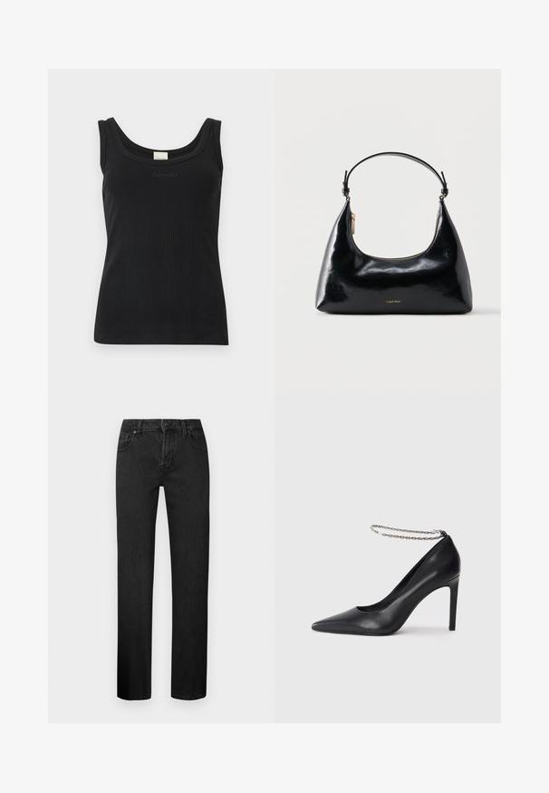 Sort ribbet ærmeløs tanktop med rund halsudskæring og "Calvin Klein"-logo på brystet, vist på en ensfarvet hvid baggrund.; Sorte straight-leg jeans lavet af denim, med et klassisk fem-lomme design, knaplukning og bæltestropper. Glat tekstur.; Sorte læder højhælede pumps med spids tå, der har en tynd sølvkæde ankelrem og en slank, glat tekstur.; Sort blank Calvin Klein håndtaske med gyldent lynlås og kort rem mod en ensfarvet hvid baggrund.