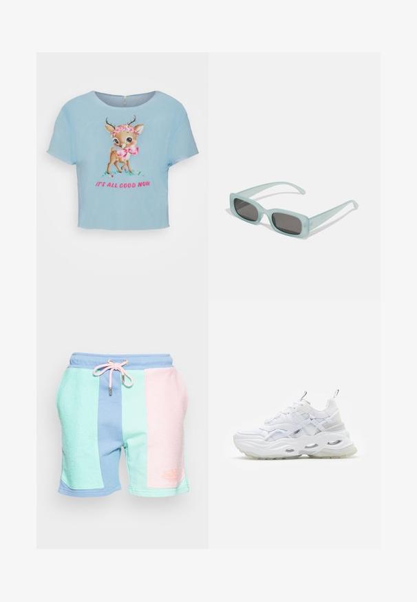 Neon & Nylon ONLTRINNY GOOD BOX - T-shirts print - clear sky deer; Farverige sportsst shorts med strukturerede paneler i mintgrøn, pastelpink og blå. Elastisk talje med snøre og logo-detail.; Hvide sneakers med en kraftig sål, lagdelt mesh og syntetisk overdel, med mønstrede detaljer, snøresystem og hæl-dragtag.; Et par rektangulære solbriller med lyseblå gennemsigtige stel og mørkegrå linser, der har lige templer og minimale hardware detaljer.
