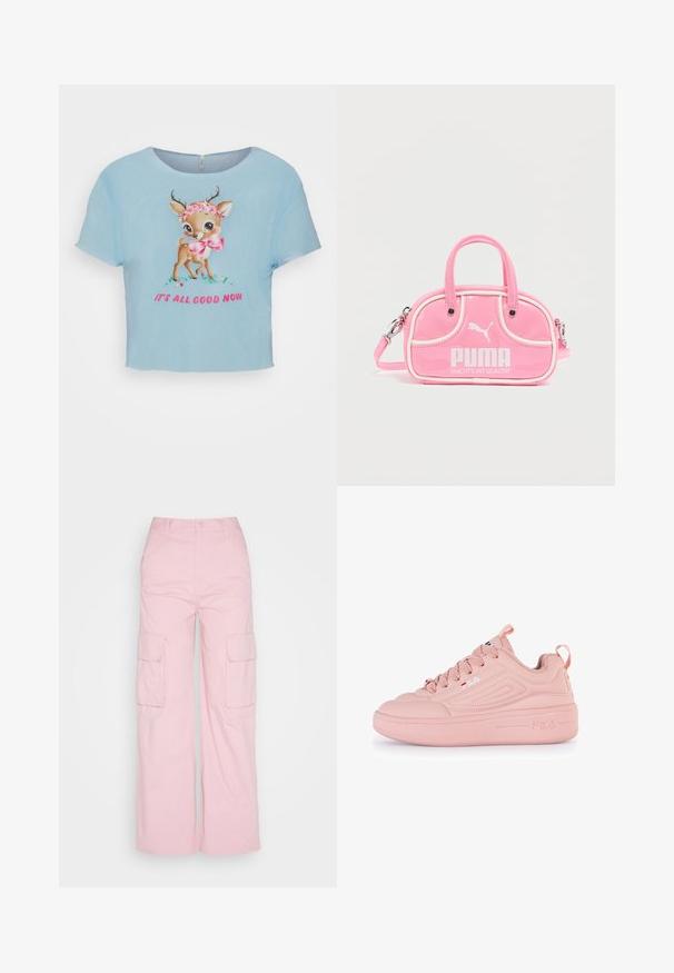 Neon & Nylon ONLTRINNY GOOD BOX - Camiseta estampada - clear sky deer; Monki Pantalones cargo - light pink; Zapatilla rosa con un upper sintético suave, diseño de punta redonda, acentos texturizados y una suela de plataforma gruesa. Presenta cordones y detalle del logo.; Bolso rosa brillante con dos asas, detalles en blanco y un logo prominente de PUMA. Cuenta con una correa para el hombro desmontable y cierre con cremallera.