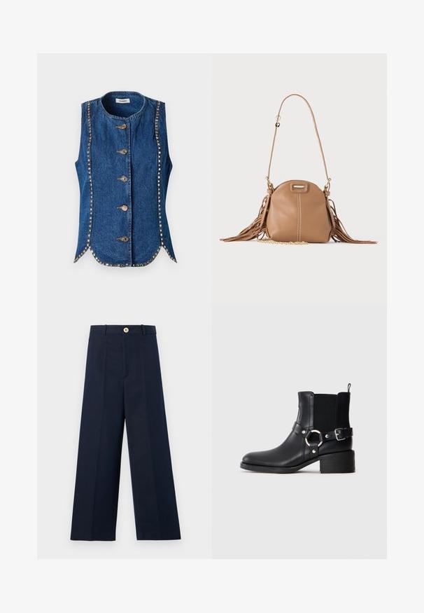 Denim mouwloze vest in donkerblauw met zes ronde metalen knopen. Bevat gouden studs langs de randen voor extra detail.; Marineblauwe wijde broek met een recht gesneden ontwerp, lichte stof, een gouden knoop in de taille en scherpe voorplooien voor structuur.; Zwarte leren enkelboot met zijgesp en ringdetail, elastische zijpaneel, lage blokhak en trek lipje op een effen achtergrond.; Kleine lichtbruine leren schoudertas met lange band, gouden kettinkdetail en franjes aan beide zijden tegen een neutrale achtergrond.